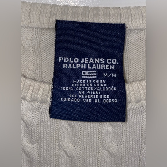 Polo Jeans Ralph Lauren Cable Knit Sweater Women’s M White Crewneck 100% Cotton - Picture 4 of 8